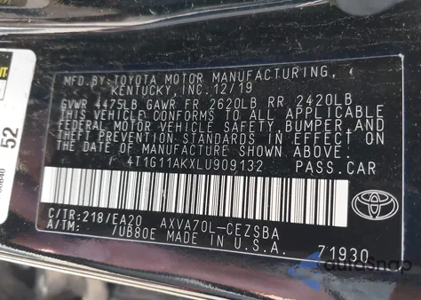 2020 Toyota Camry Se from USA, damaged, VIN 4T1G11AKXLU909132